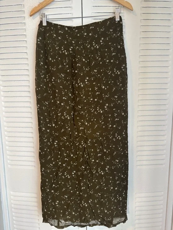 Jessica Vintage Olive Floral Midi Skirt Lightweight Flowy Chic Style - Picture 6 of 12